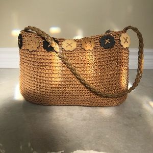 Straw and wood shoulder bag